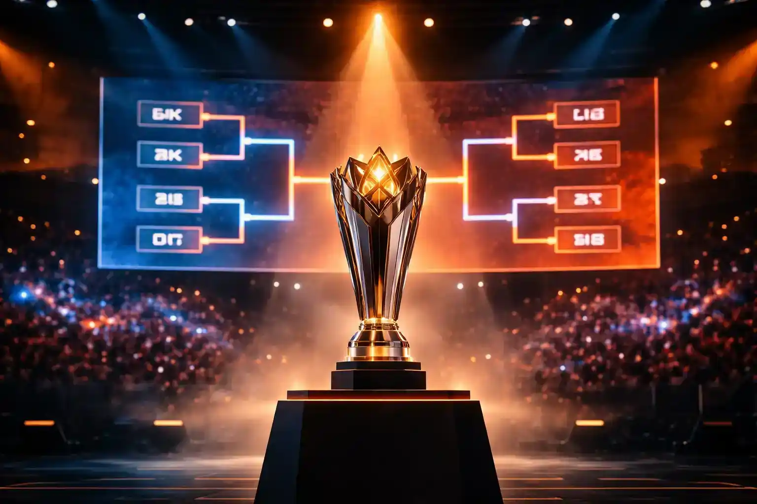 CS:GO Major Turnier mit Pokal auf der Bühne und Teamlogos im Hintergrund